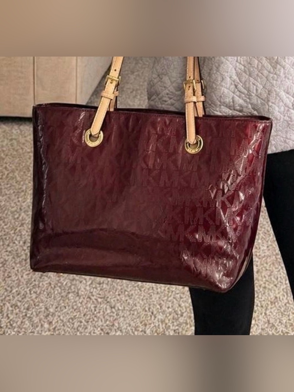 Michael Kors Deep Wine Patent Tote with Beige Straps